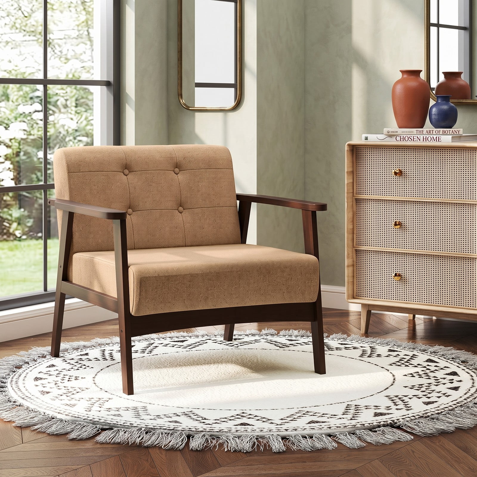 Furnibear Upholstered Accent Chair, Mid-Century Rubber Wood Armchair with Linen Padded Seat and Button-Tufted Backrest for Living Room Bedroom Reading Nook, 330, Beige