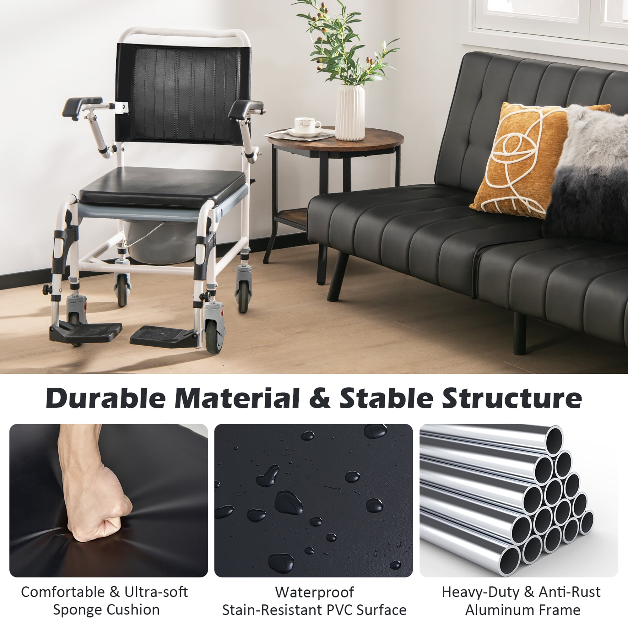 Costway 4-in-1 Bedside Commode Chair Commode Wheelchair with Detachable Bucket