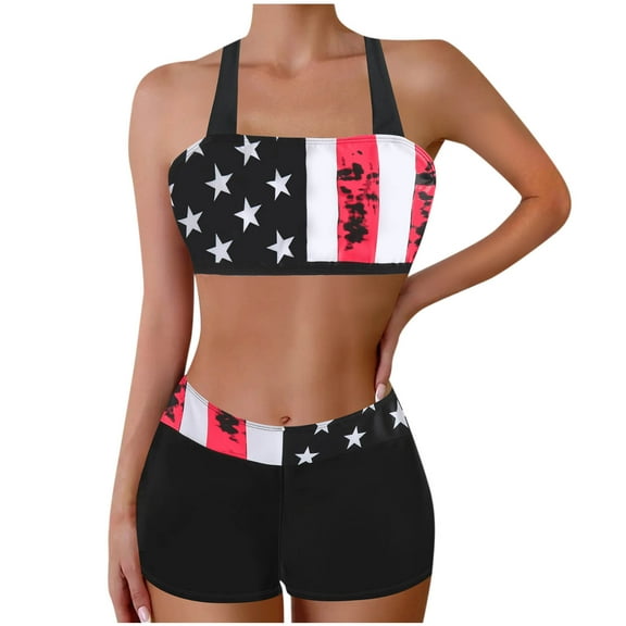 Wyobmus Womens Plus Size Bikini Swimsuits Criss Cross Straps 2 Piece Swimwear Printing Padded Tube Swimsuit Boyshorts Bathing Suits S-5Xl Black