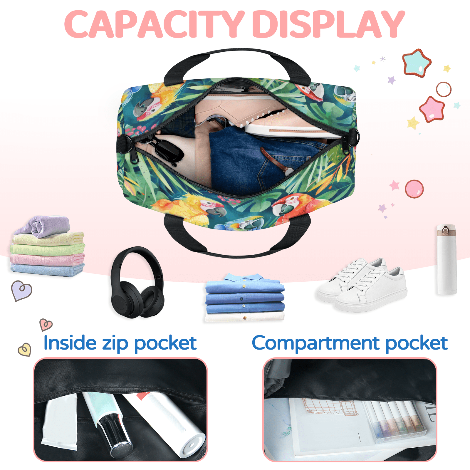 Herdesigns Parrot Bird Travel Duffle Bag Sports Yoga Weekender Overnight Carry on Workout Bags Lightweight Waterproof Gym Tote Bag for Women