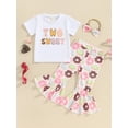 thumbnail image 2 of FEORJGP Toddler Baby Girl Summer Outfits 1-4Y Short Sleeve T-Shirt Crew Neck Shirt Cartoon Letter Print Tops + Doughnut Print Flare Pants + Headband Set Loose Casual 3Pcs Clothes, 2 of 9