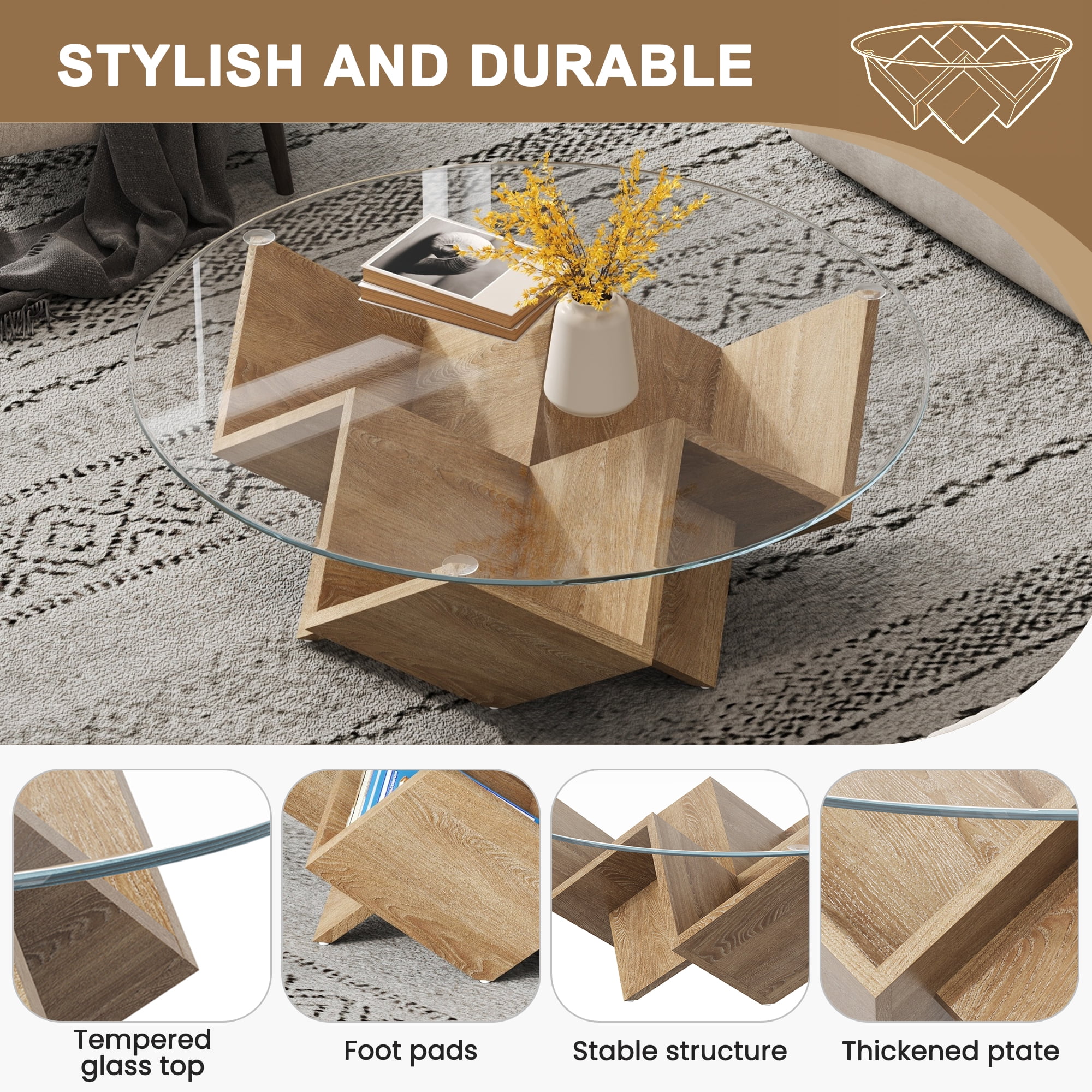 35.4-Inch Round Coffee Table with Tempered Glass Top and Geometric Art Deco Base, Storage Shelf Table and Center Table for Living Room, Natural