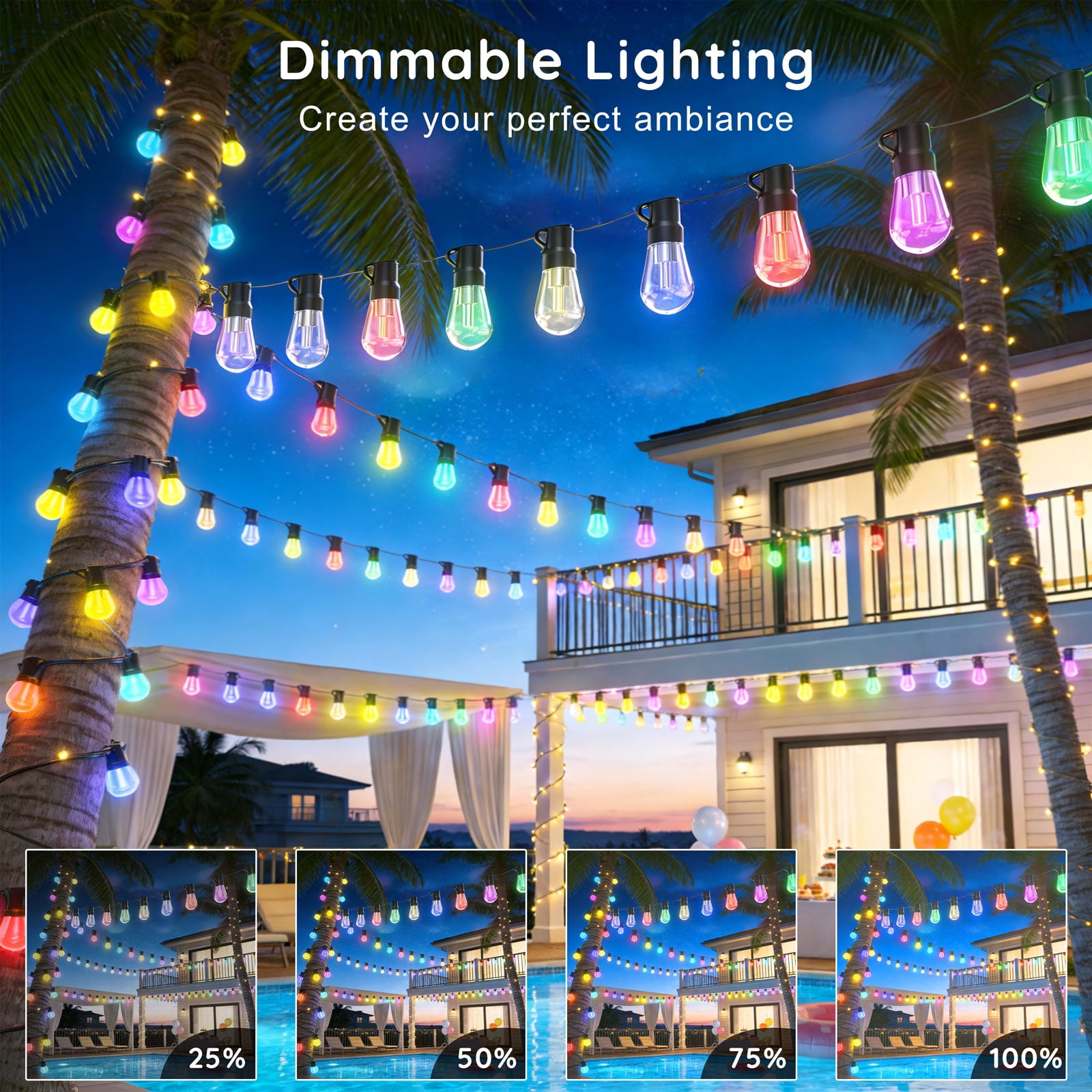 300FT RGB Outdoor String Lights, +IC Outside Light Dimmable Shatterproof LED Bulbs, IP67 Waterproof Chasing Effect Lighting DreamColor Patio Strip Lights for Backyard, Balcony, Outdoor Living