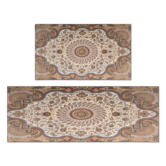 Boho Light Brown Pattern Kitchen Rugs and Mats Sets Of 2, Funny Kitchen Decoration Rubber Backing Non-Slip Absorbent Mats for Sink Waterproof Runner Rug for Laundry Room 17x30 17x48inch