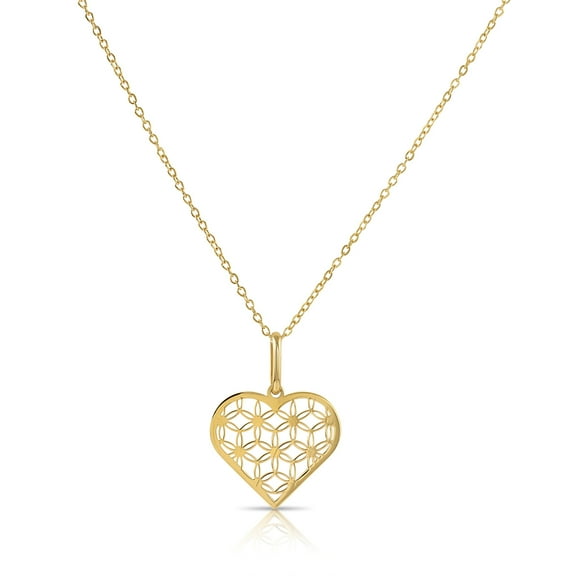Tilo Jewelry 14K Yellow Gold Dainty Floral Open Heart Pendant Charm Necklace for Women & Unisex | 18 Inch Cable Chain