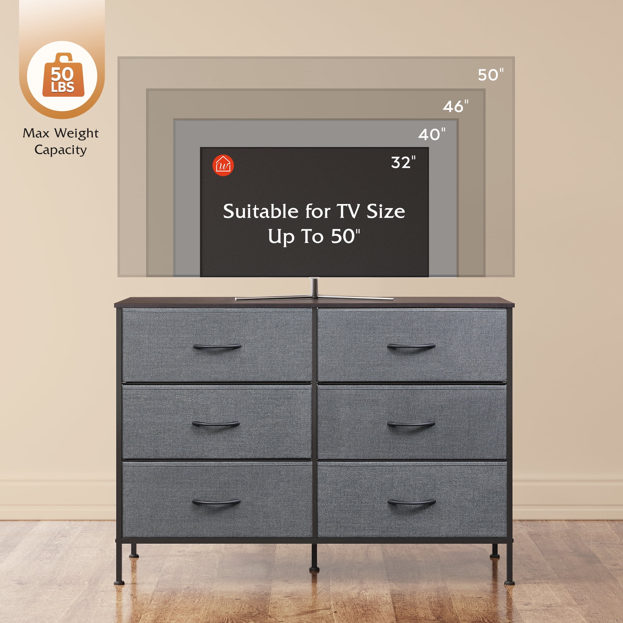 GALAXHERO 6-Drawer Fabric Dresser, 50-Inch TV Stand Wide Chest of Drawers for Bedroom, Closet, Living Room, Dark Gray