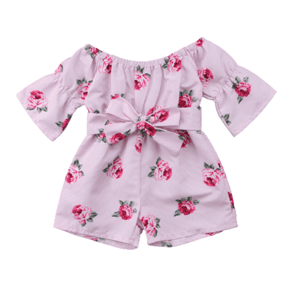 xiaxaixu Girls One Piece Romper Flowers Print Off Shoulder Stylish Bow Jumpsuit