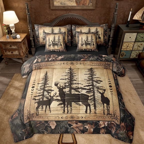 Camo Deer Queen Comforter Set 7 Piece Teen,Tree Branches Camouflage Hunting Bedding Set Woodland Animal Bed In A Bag Retro Pine Tree Wildlife Sheet Set With Comforter