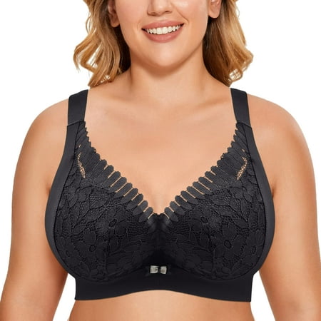 

Tshirt Bras For Women No Underwire Pluse Size Lingerie Underwire Lace Floral Unlined Plus Size Full Coverage Black Wireless T-Shirt Bra 44/100D