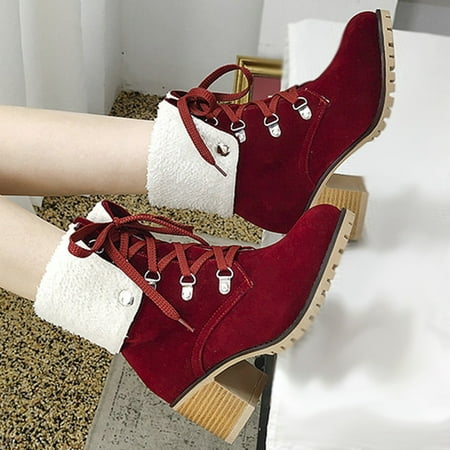 

Women Shoes Solid Color Casual Fashion Square High Heels Wear-resistant Lace-up Pointed Warm Thick Fleece Suede Snow Ankle Boots