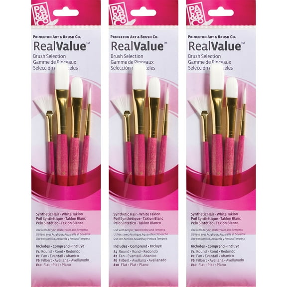 Princeton RealValue Brush Set, White Taklon Bristles, Short Handle Mixed Media Paintbrush, Pink, 4 Per Set, 3 Sets