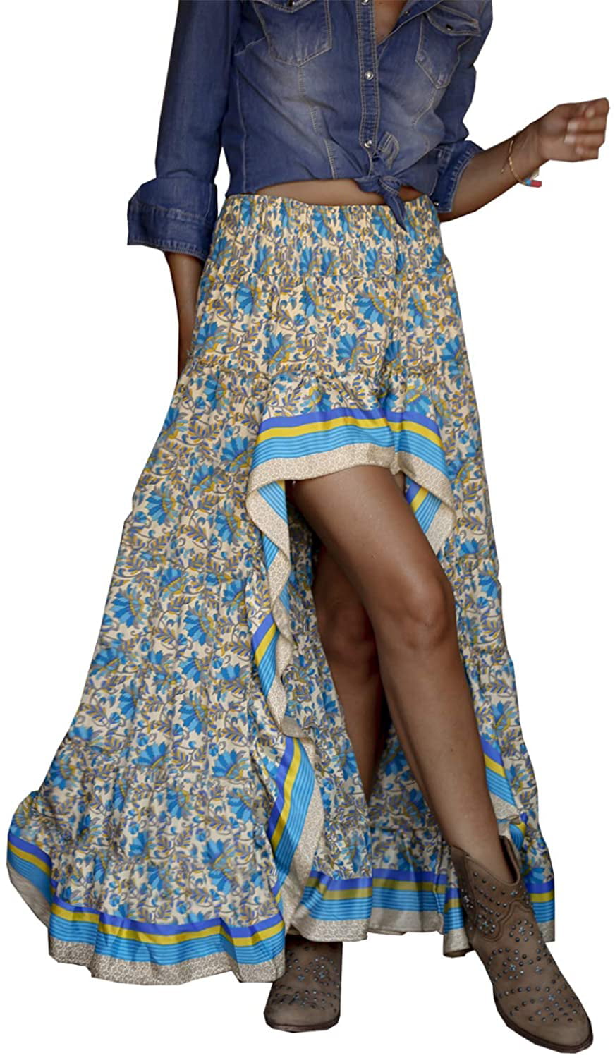 BTFBM Women Boho Floral Print Long Skirts Dress Chic High Low Side Split Ruffle Hem Elastic Waist Swing Maxi Dresses 