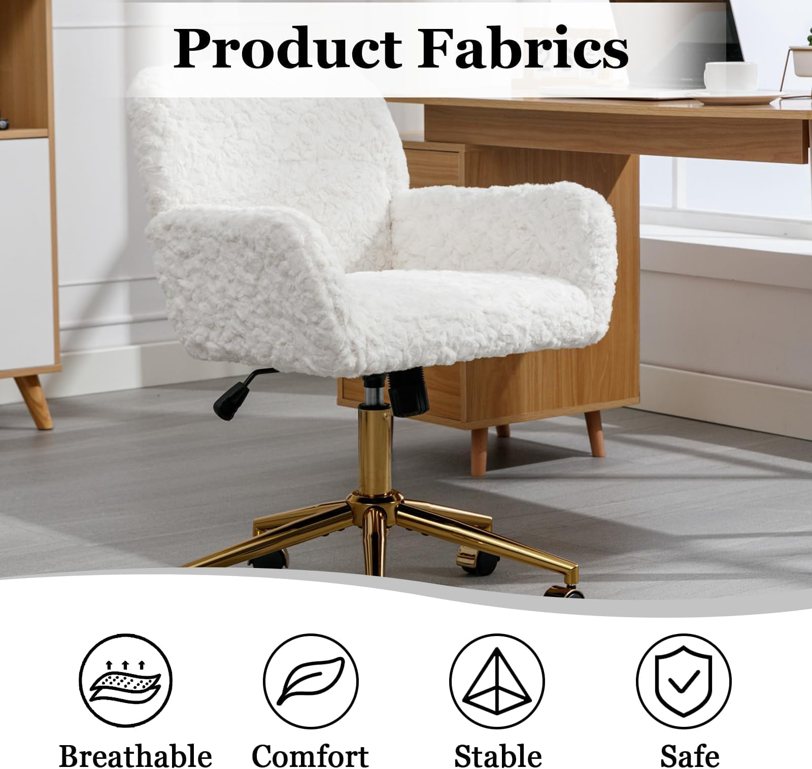 JESTOP Furry Cute Office Chair, Modern Swivel Desk Chair with Wheels, Adjustable Makeup Vanity Chairs with Back, Upholstered Rolling Chairs for Vanity Makeup Room Study Indoor