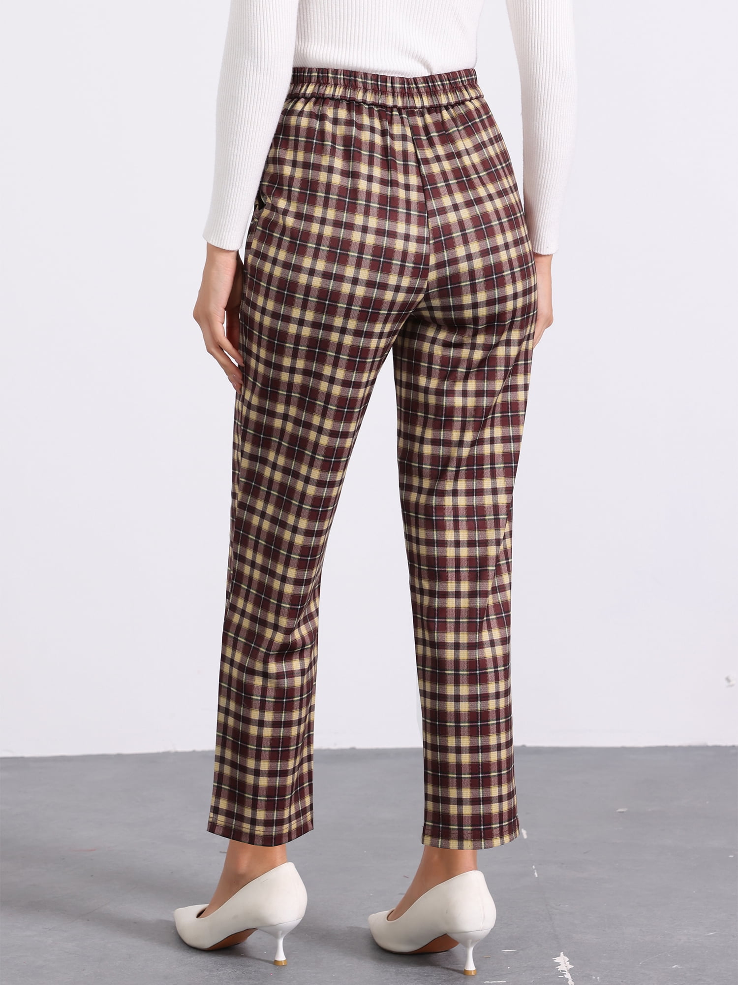 DARING DIVA Women's Tartan Plaid Pants Elastic Waist Straight Trousers S Wine Red Yellow