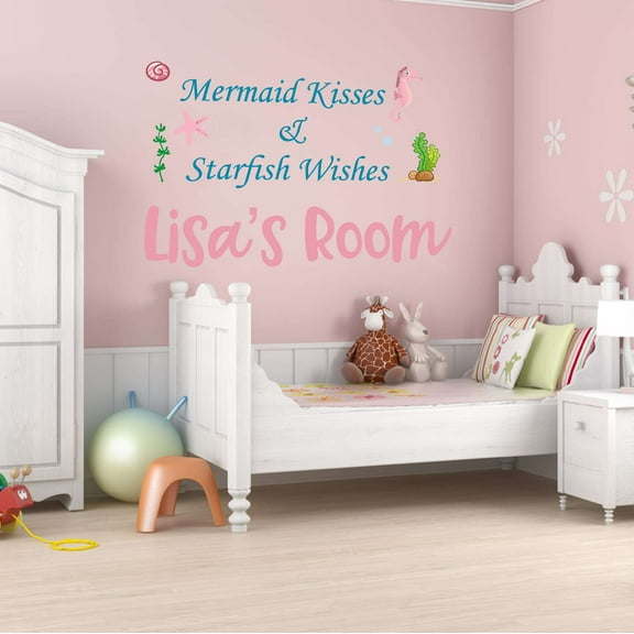 Personalized Mermaid Kisses and Starfish Wishes Mermaids Creatures Seahorse Princess Fish Starfish Queen Sweet Dreams Bedtime Unicorn Lovely Dream Wall Decal Sticker - Size: 20 In X 14 In