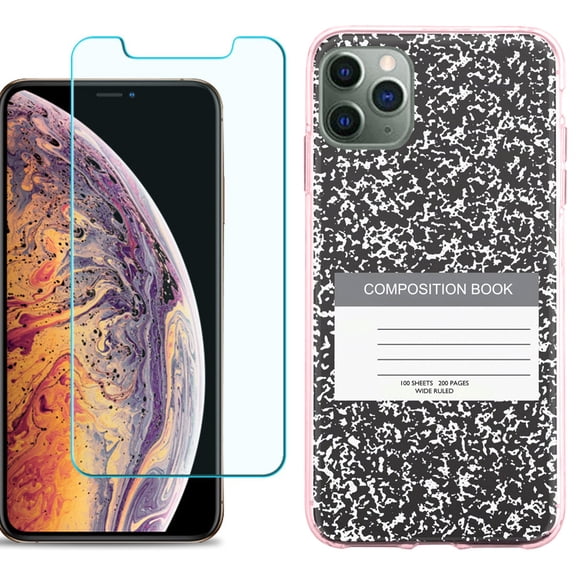 For Apple iPhone 11 Pro Max Case , Slim-Fit TPU Protective Phone Case (Pink Bezel) with Tempered Glass Screen Protector, by OneToughShield ® - Composition Book