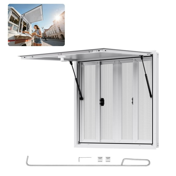 VEVOR Concession Window 36x36 in, Aluminum Alloy Service Window for Food Truck, Up to 85 Degrees Stand Serving Window with 4 Sliding Windows, Awning Door, and Drag Hook, for Concession Trailers