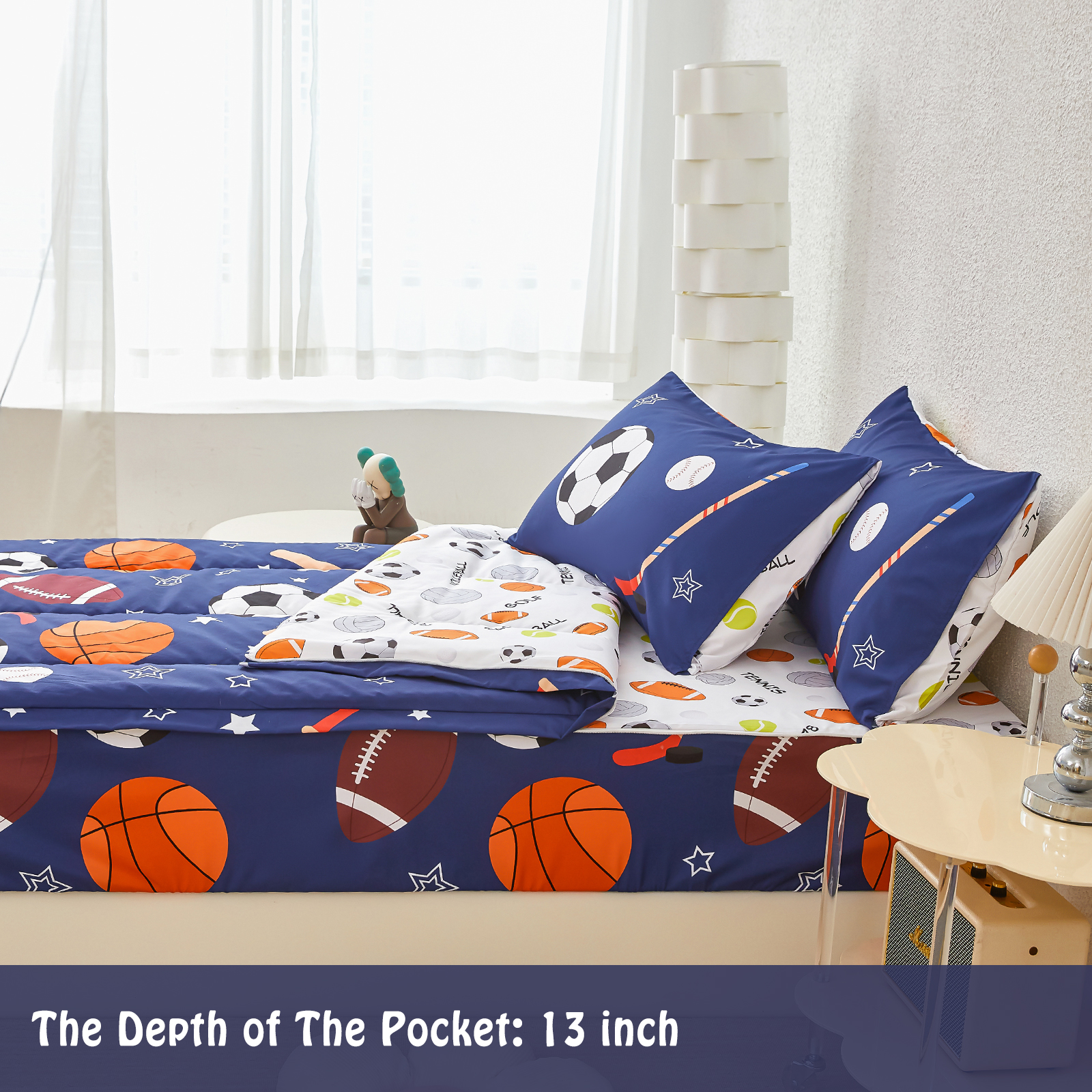 ZRNBAST 3Pcs Kids Comforter Set Sports Ball Games Zipper Bedding Set for Boys Basketball Football Baseball Comforter with Fitted Sheet and Pillowcases All in one Zipper Bedding(Navy ,Twin)
