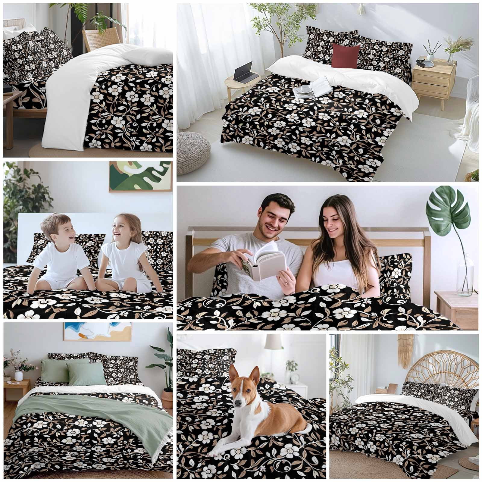 Black White Floral Duvet Cover Set, Farmhouse Vintage Botanical Leaves Soft Duvet Cover California King Bedding Set 4 Pieces, 1 Quiltcover and 2 Pillowcases with Zipper, 1 Bed Sheet for All Seasons