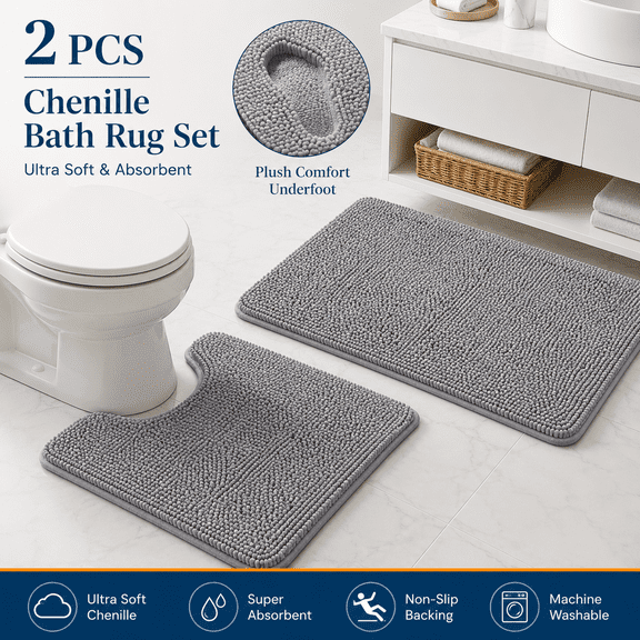 MORAVE Grey 2 Piece Bathroom Rugs Set, Soft Absorbent Chenille Bath Mat & U-Shaped Contour Toilet Mat, Machine Washable Bath Carpet Home Decor (30"x20" 24"x20")
