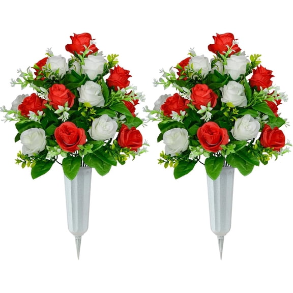 Artificial Cemetery Flowers, Set of 2 Artificial Rose Bouquet Graveyard Memorial Flowers with Vase for Cemetery Headstones Decoration (Pink-2Pcs)