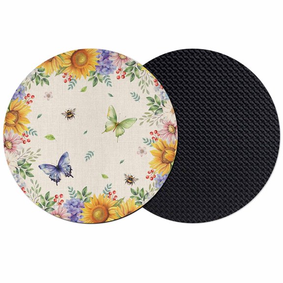 Watercolor Flowers Coasters Set of 2, Absorbent Coasters for Drinks, Spring Sunflowers Daisy Butterflies Beige Coaster for Desk Coffee Table Protection, Home Decor House Warming Gifts 4"