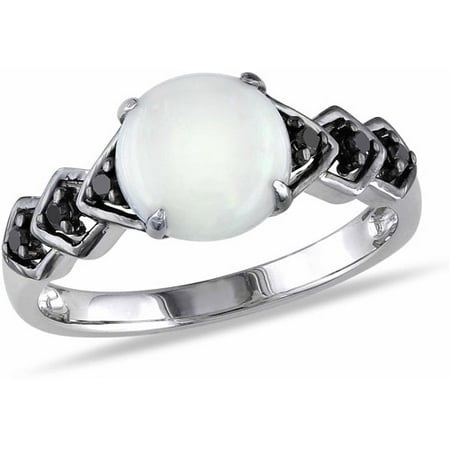 1-1/4 Carat T.G.W. Opal and Black Diamond Accent Sterling Silver Cocktail Ring