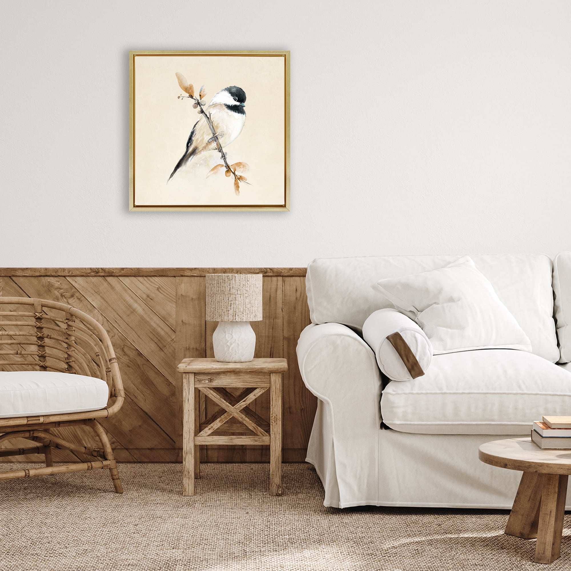 Stupell Industries Muted Watercolor Chickadee Gold Framed Floater Canvas Wall Art, design by Diannart