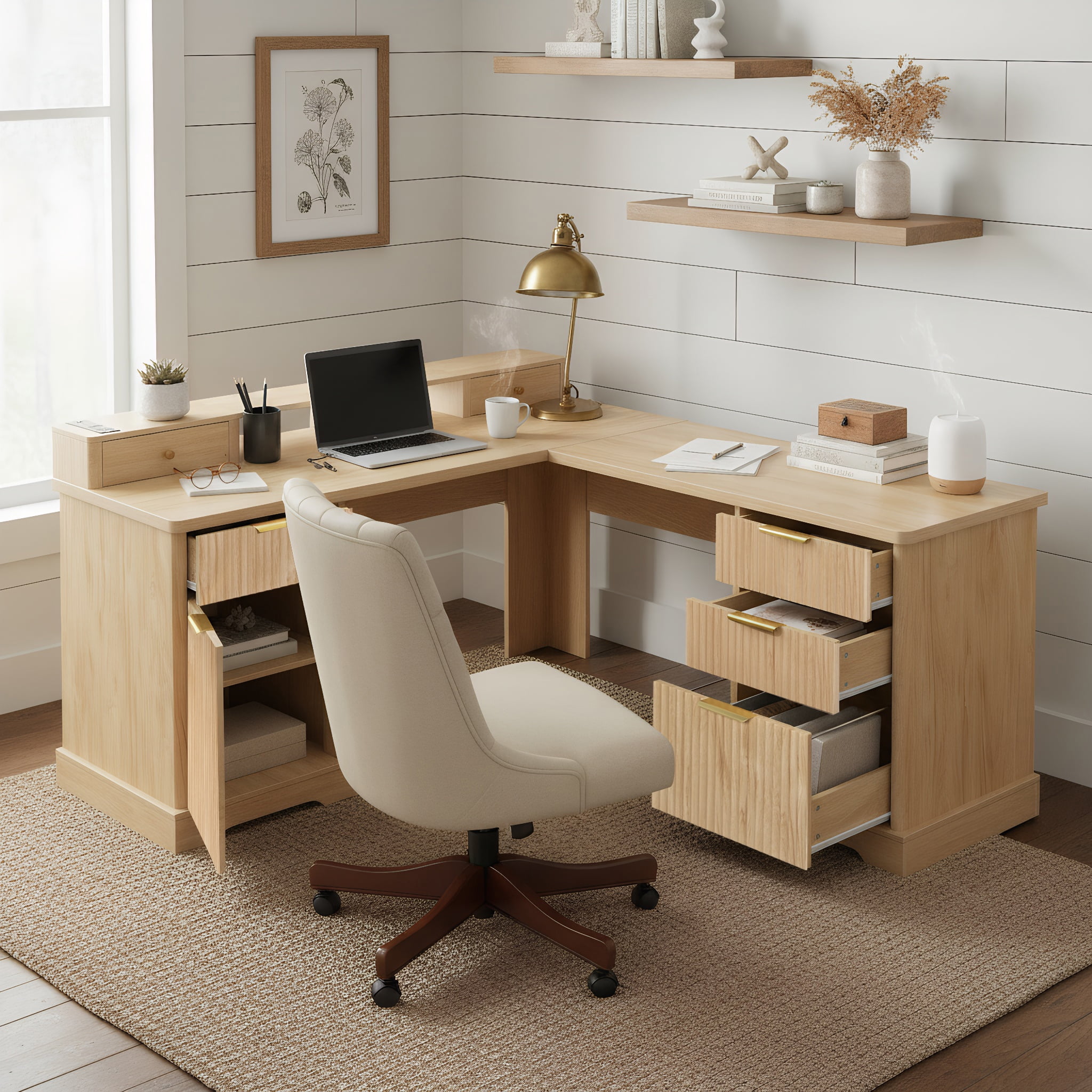 Mintazer 59" Modern Fluted L-Shaped Desk with Charging Station & Storage Drawers, Computer Desk with Monitor Stand & File Drawer for Study Living Room Home Office, Natural