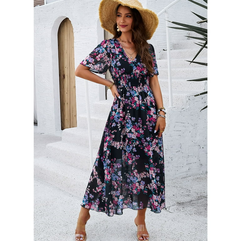 sachin and babi light blue dress YNIQUE Women's Casual Dress Deep V-Neck Short Sleeve Chiffon Elegant Long  Dresses