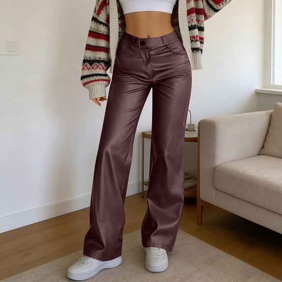 QHFBli Faux Leather Pants High Waist Coated PU Button Straight Leather Black Leggings Wide Leg Pants with Pockets