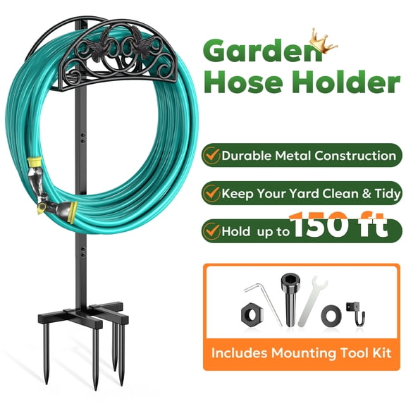 Garden Hose Holder, Freestanding Outdoor Hose Stand, Heavy Duty Metal Water Hose Reel Rack Storage Organizer for Yard, Lawn & Garden