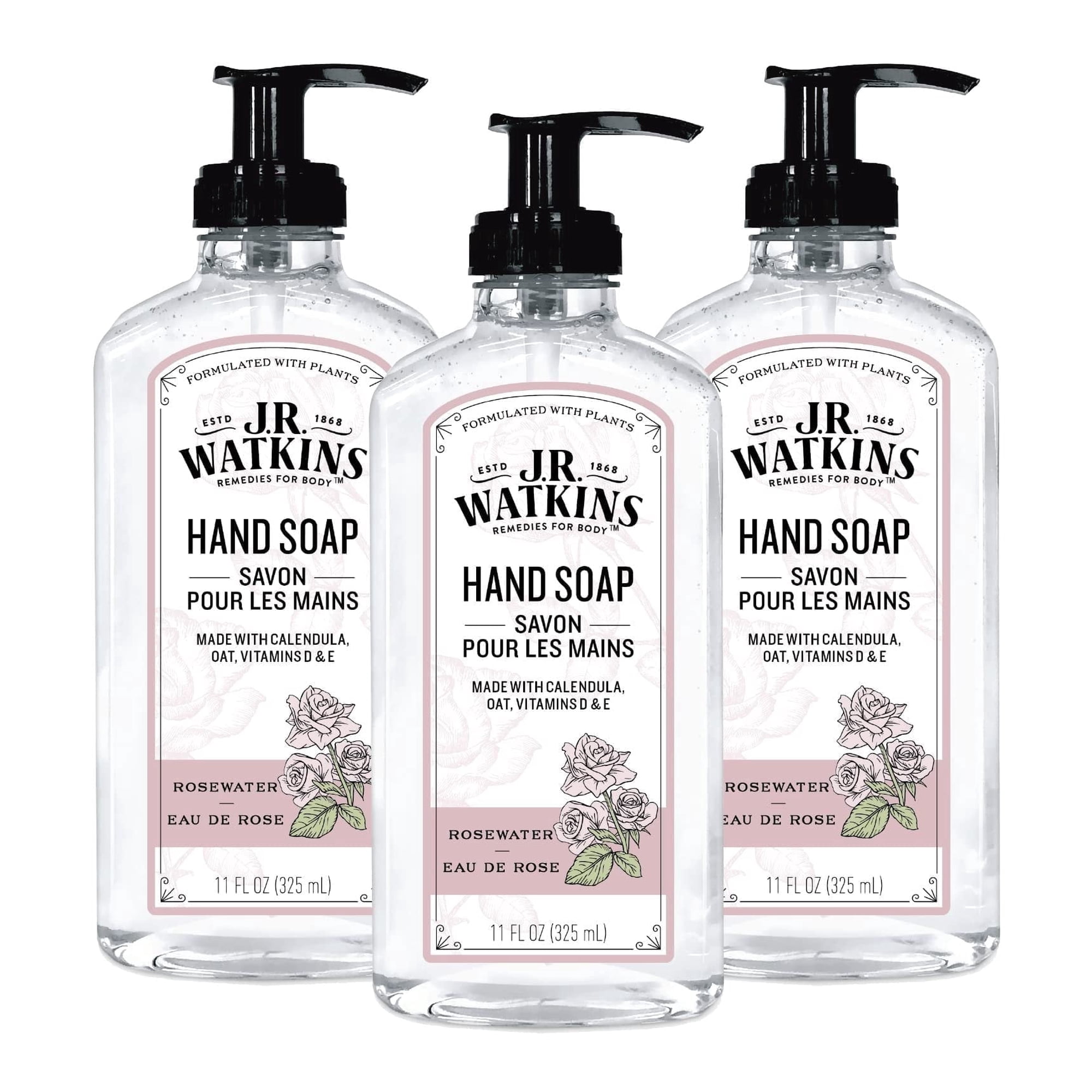J.R. Watkins Gel Hand Soap, Rosewater, 11oz (3 Pack)