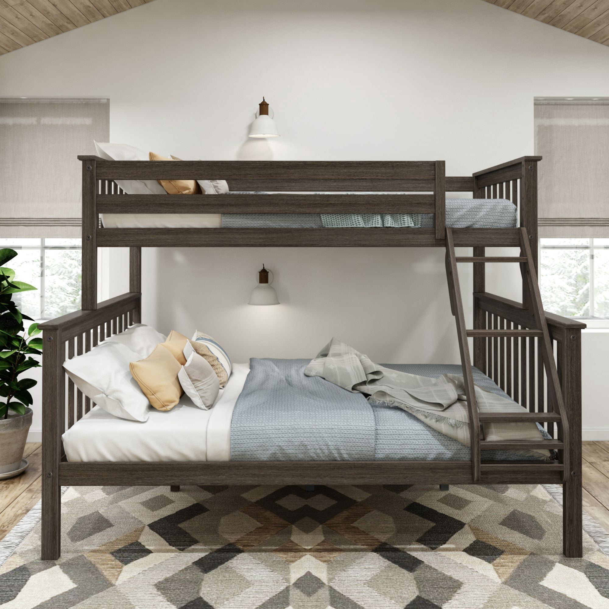 Plank Beam Solid Wood Twin XL over Queen Bunk Bed for Adult Clay