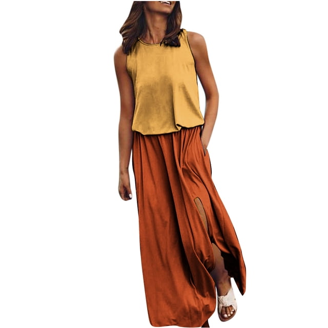 UPPADA Robe Sans Manches à Col Ras du Cou pour Femme, Fendue, Fluide, Robe Formelle, Décontractée, Bohème, d'Été, Robe de Cocktail, de Soirée, de Bal, Longue, avec Poches, Jaune, 2TG