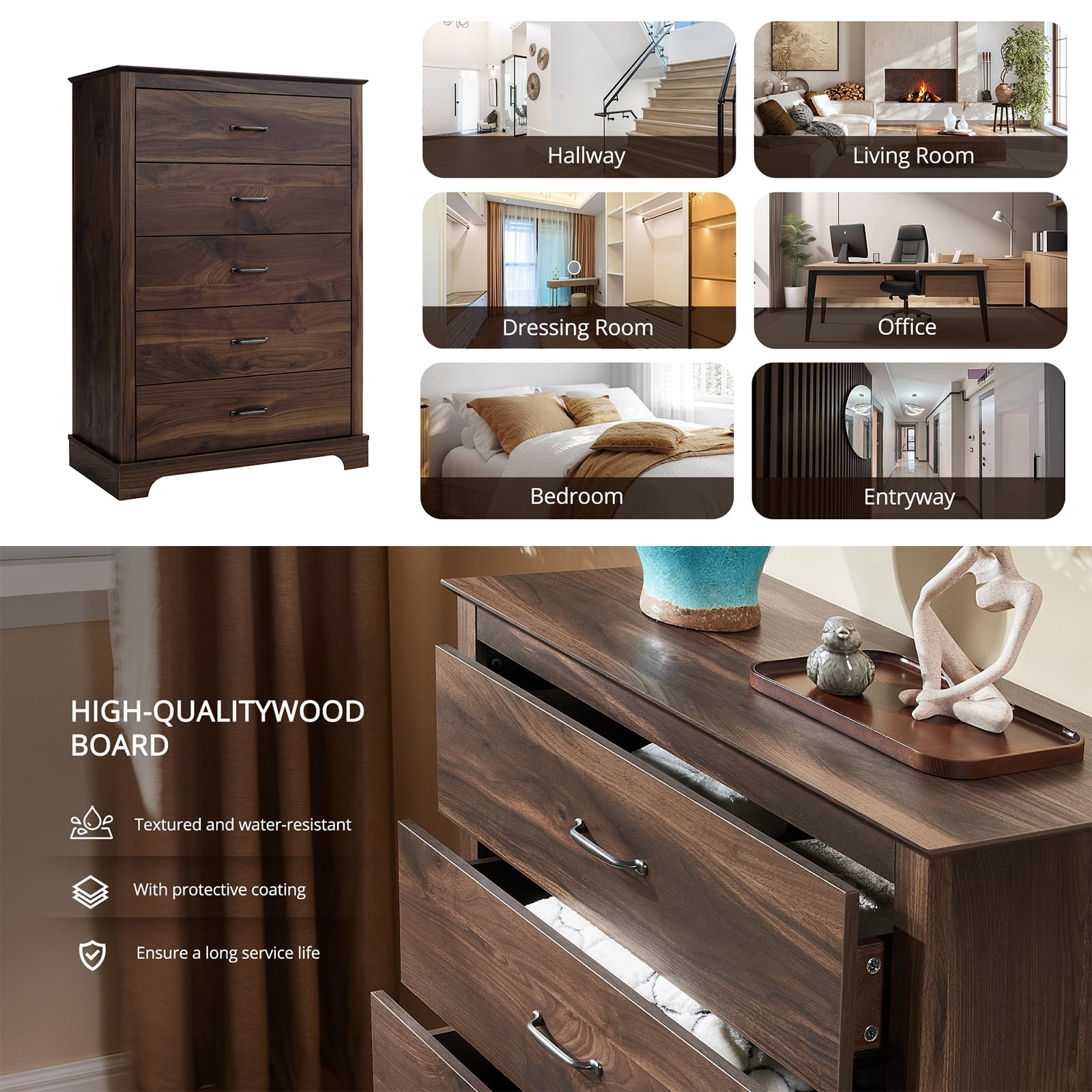 CHITOOMA 5 Drawer Dressers for Bedroom, Adult Tall Wooden Chest of Drawers, Storage Cabine for Living Room Entryway, Walnut