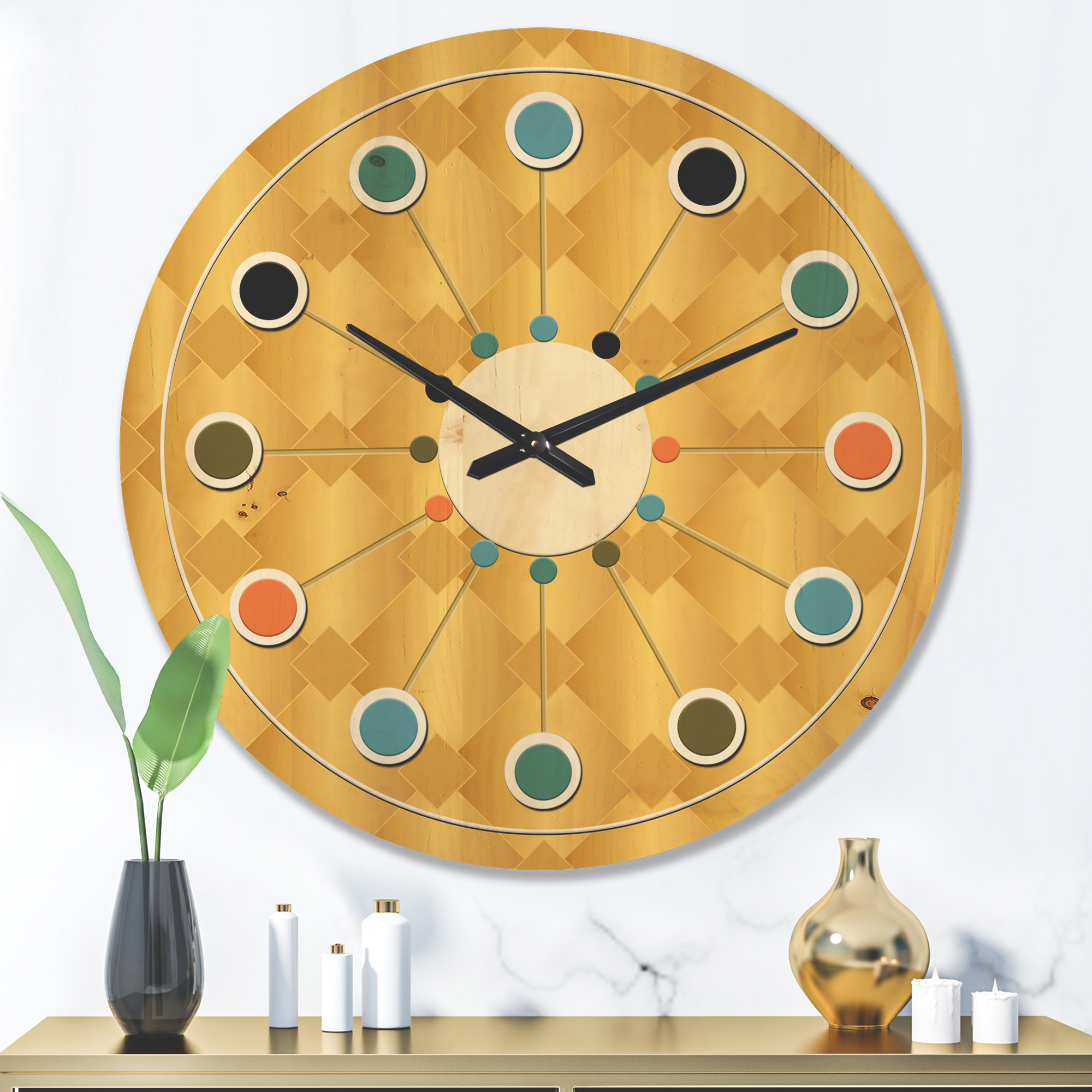 Designart 'Golden Retro Geometric I' Mid-Century Modern Wood Wall Clock