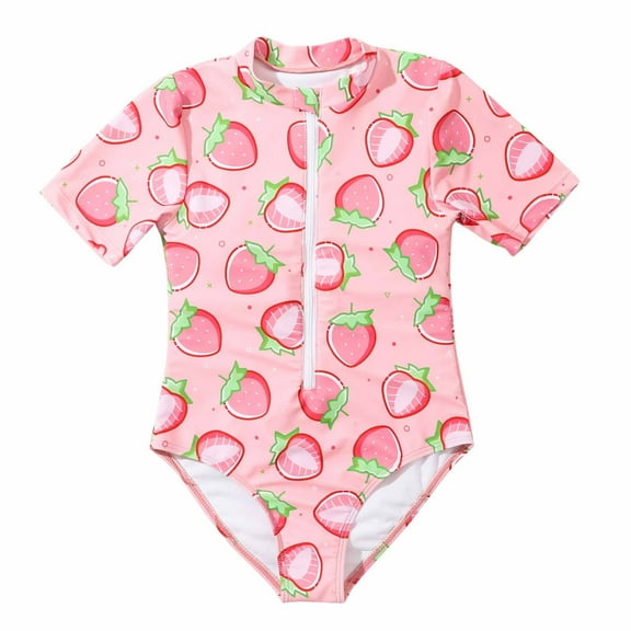 Fesfesfes Children's Cute Strawberry Print Short Sleeve Swimsuit with Zipper 8-14 Years Girls Bathing Suits for Every Summer Beach,Pool(Pink,10 Years)