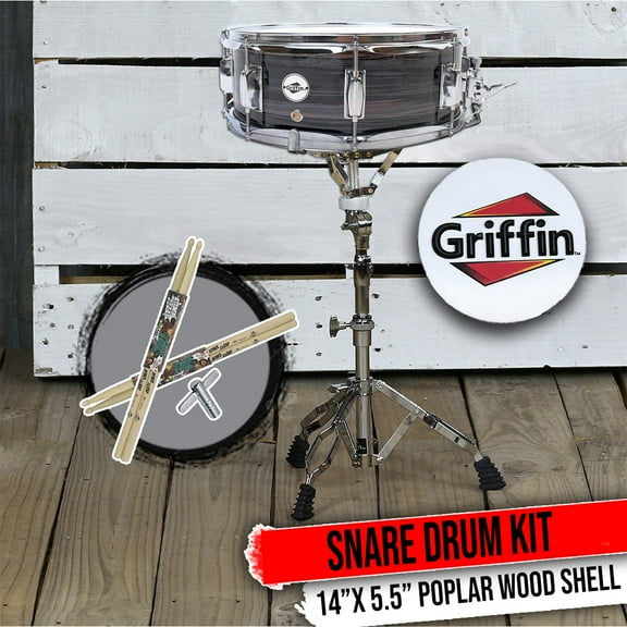 Wood Snare Drum with Stand Griffin - Drumming Set Maple Sticks Practice Package