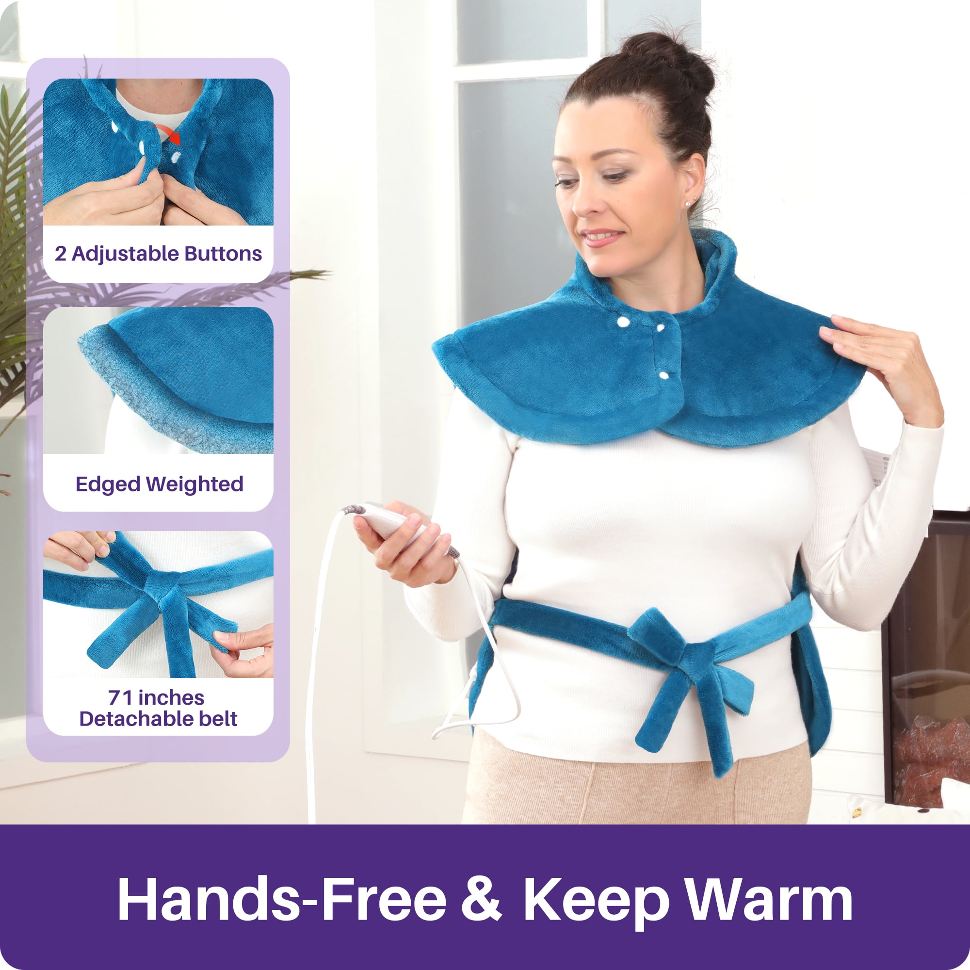 KEKOY Heating Pad for Back, Neck & Shoulders Pain Relief, Wearable Electric Heat Pad with Detachable Belt, 4 Heat Settings, 2-Hour Auto Shut-Off, Fast Heating, 24"x33", Blue