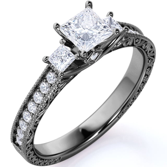 JeenMata Anillo de Compromiso Gótico Victoriano de Tres Piedras con Moissanita de Corte Princesa de 1 Quilate Estilo Vintage, con Cuentas, en Oro Negro de 18 K sobre Plata