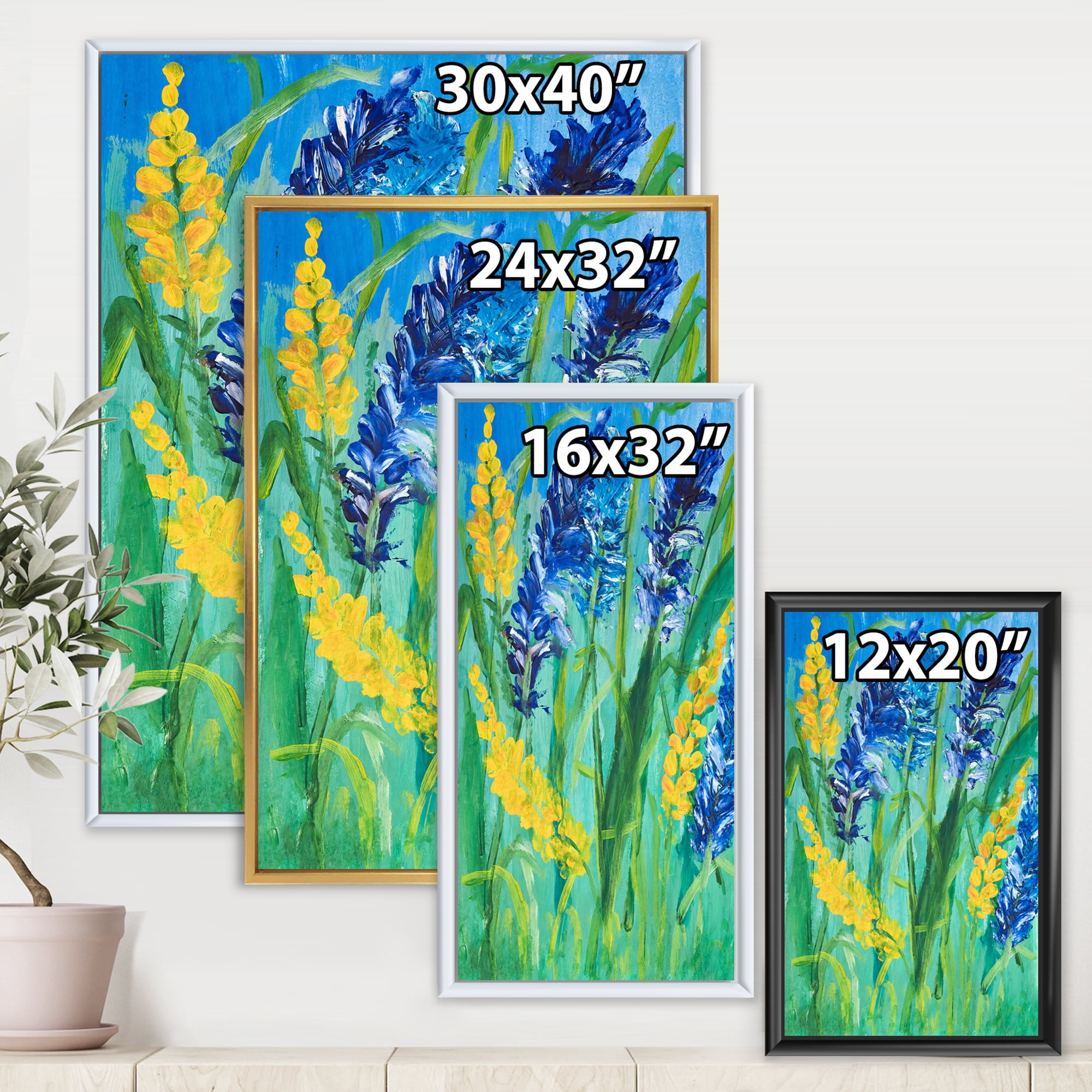 Yellow and Blue Wild Flowers and Grass Gouache 16 in x 32 in Framed Painting Canvas Art Print, by Designart