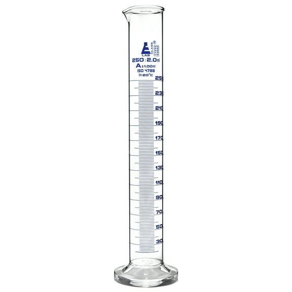 Graduated Cylinder, 250ml - Class A Tolerance ±1.00ml - Round Base - Blue Graduations - Borosilicate 3.3 Glass - Eisco Labs