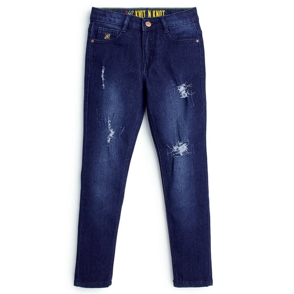 Knit N Knot Girls' Solid Cotton Stretch Ripped/ Ruptured/ Distressed Stretchable Slim Fit Jeans | Regular Casual Wear Faded Stylish Denim Pant for Kids | Dark Blue, Indigo, Navy