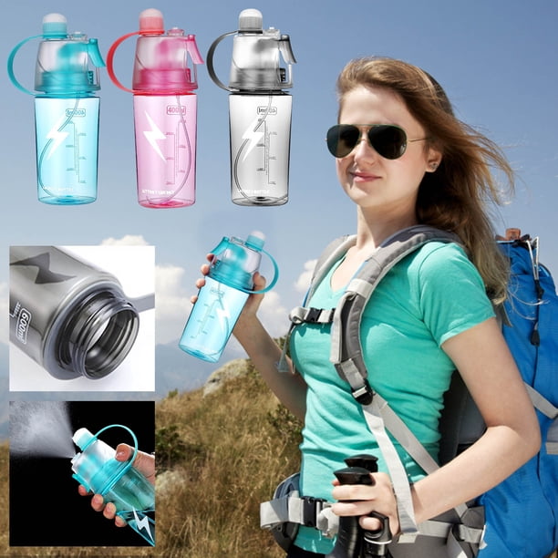 Botella de agua deportiva con función de niebla en spray - vaso de plástico de 400 ml con sello impermeable y boca ancha para hidratar