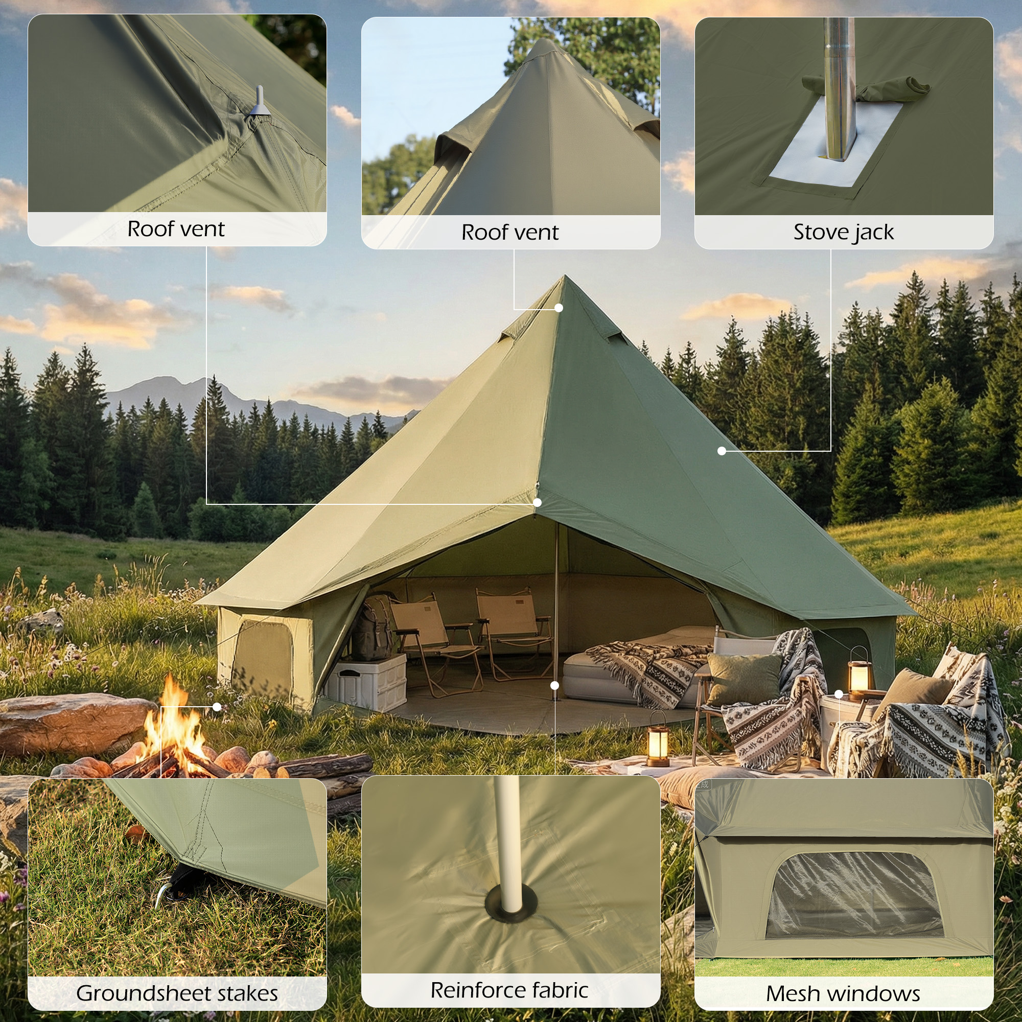 Carpa tipo campana Erinnyees, carpa de lona impermeable para todas las estaciones, carpa tipo yurta de 3 m/9.8 pies con salida para estufa para 3-4 personas, color verde 2