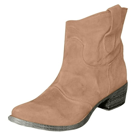 

PLLFRLRT Western Boots for Women Cowboy Boots Pointed Toe Booties Block Heel Mid Calf Booties Casual Low Heel Ankle Boots(Khaki 6)