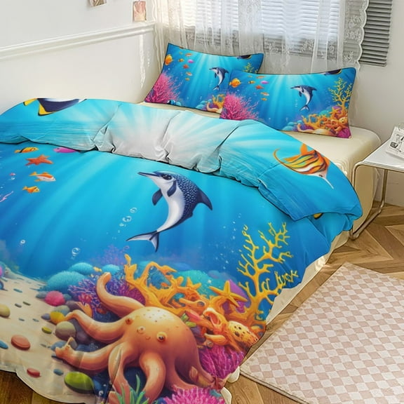 Vibrant Undersea Life Duvet Cover Set Themed Multicolor Polyester Bedding Set for Bedroom Decoration