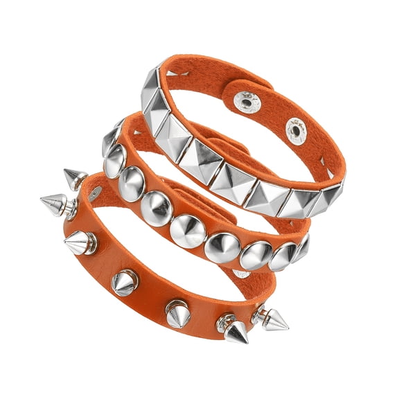 Uxcell 3Pcs Rock Punk Spiked Leather Bracelet Set, 8.7"/22cm Goth Studded Cuff Wristband Adjustable Bracelets for Halloween Party Favors Grunge Accessories, Orange