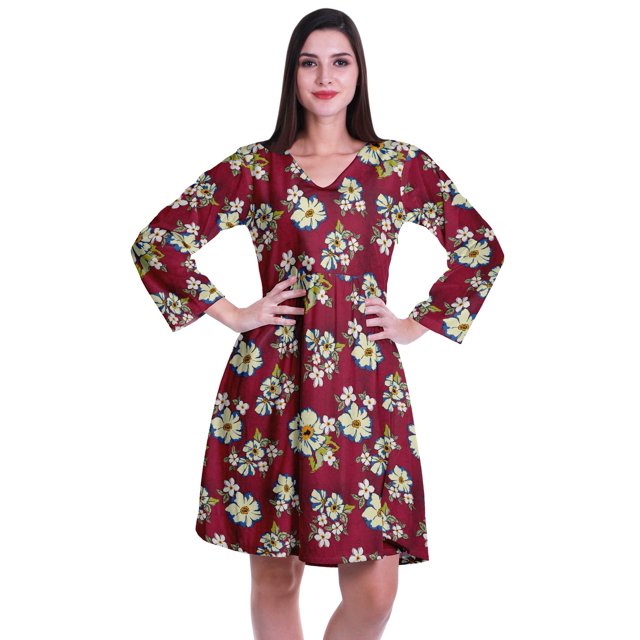 Moomaya Robe Courte Évasée Imprimée de Designer, Manches Longues, Tunique en Velours, Robes pour Femmes